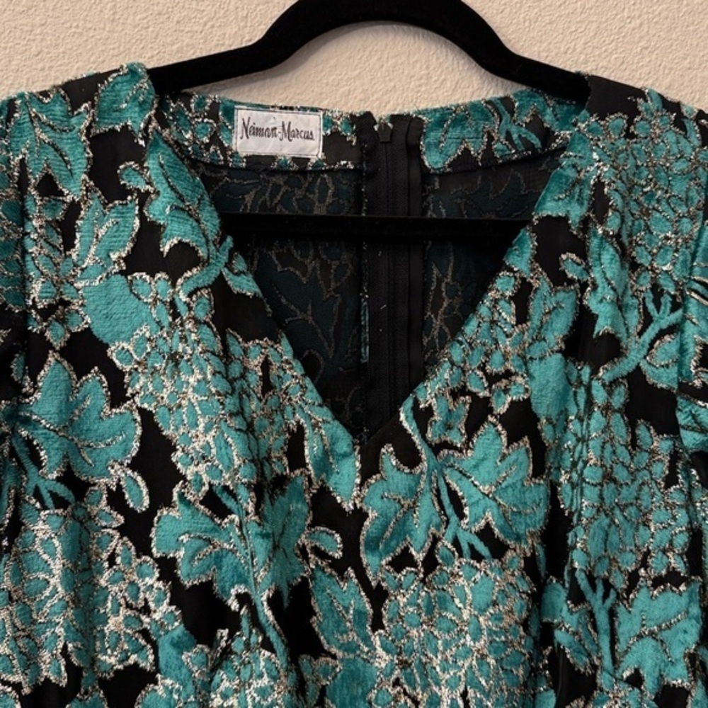 Neiman Marcus green and Black Floral burnout, Long Sleeve metallic Dress - Picture 3 of 10